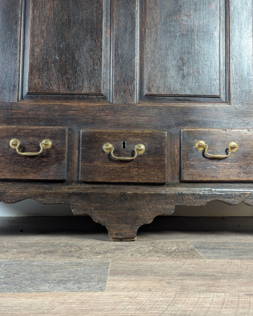 An 18th-century dark oak mule chest featuring four fielded front panels above three small drawers with brass handles. View VIII