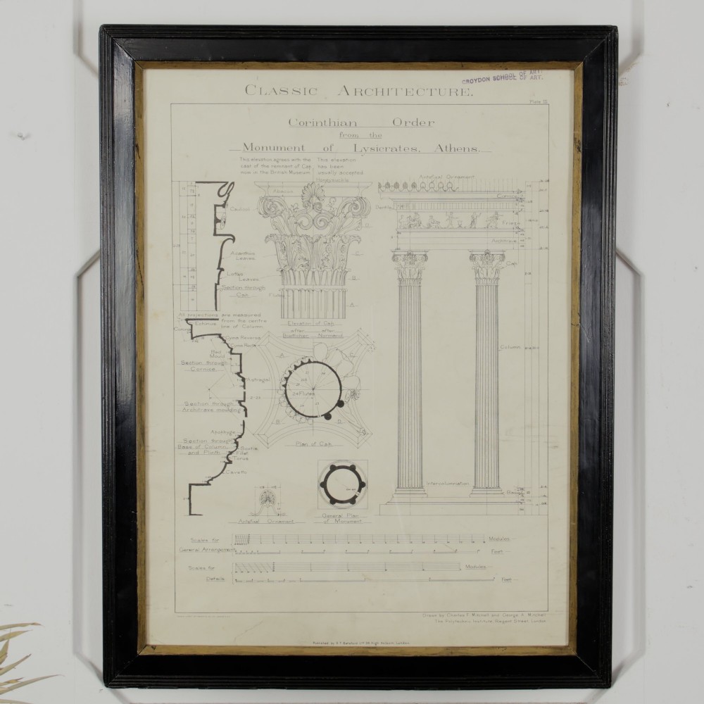 A framed architectural illustration depicting technical drawings of the Corinthian order column, enclosed within a black wooden frame featuring gold trim. View II