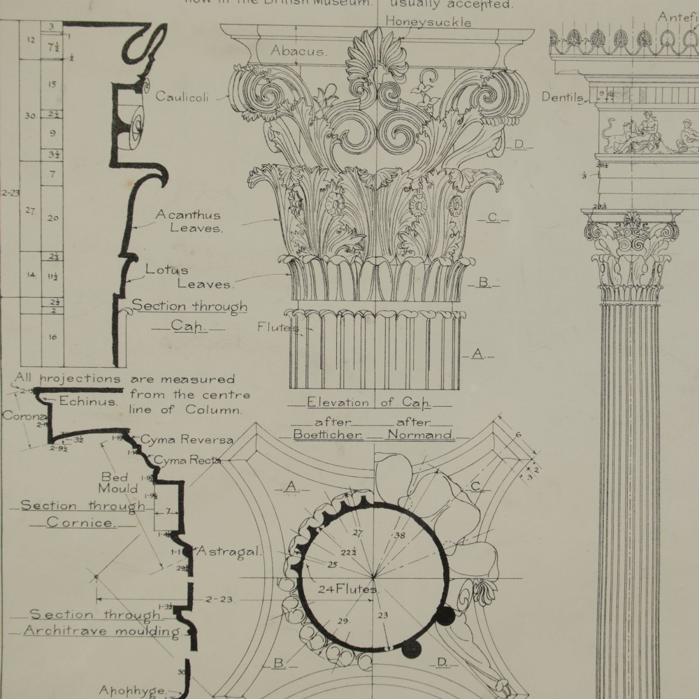 A framed architectural illustration depicting technical drawings of the Corinthian order column, enclosed within a black wooden frame featuring gold trim. View V