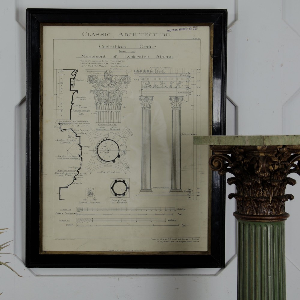A framed architectural illustration depicting technical drawings of the Corinthian order column, enclosed within a black wooden frame featuring gold trim. View VII