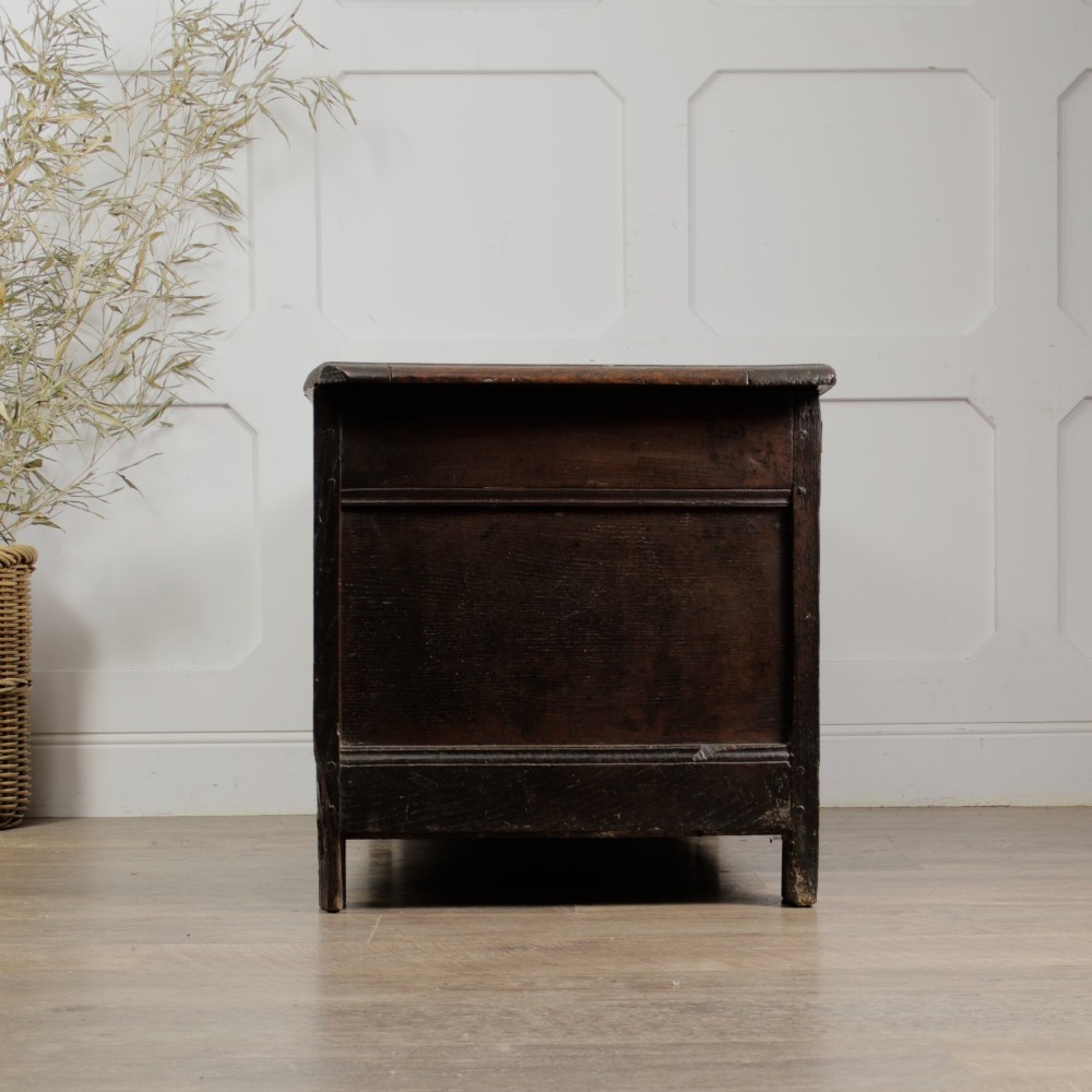 A dark oak panelled chest featuring detailed floral and foliage relief carvings, a central panel inscribed TS 1690, and an iron lockplate. View V