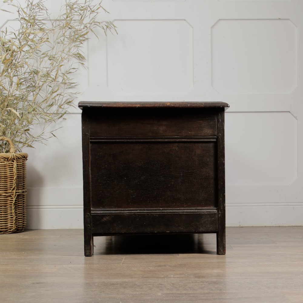 A dark oak panelled chest featuring detailed floral and foliage relief carvings, a central panel inscribed TS 1690, and an iron lockplate. View VII