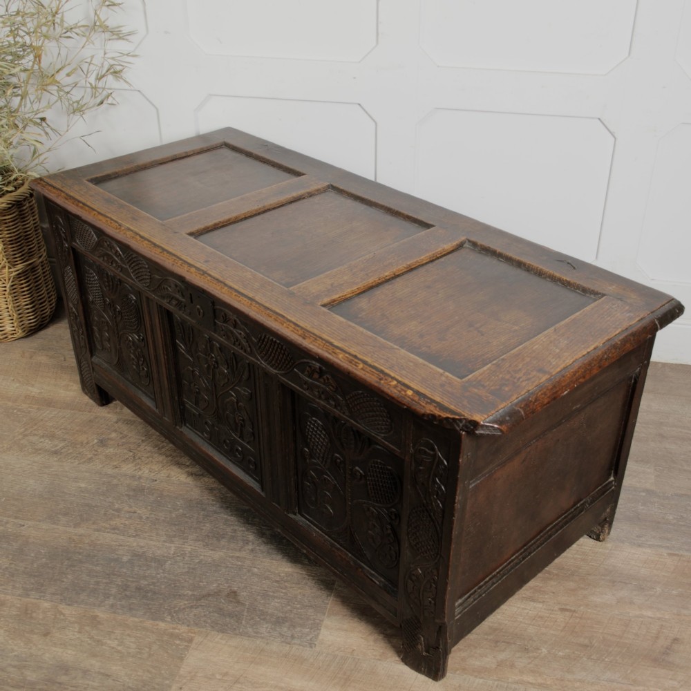 A dark oak panelled chest featuring detailed floral and foliage relief carvings, a central panel inscribed TS 1690, and an iron lockplate. View VIII