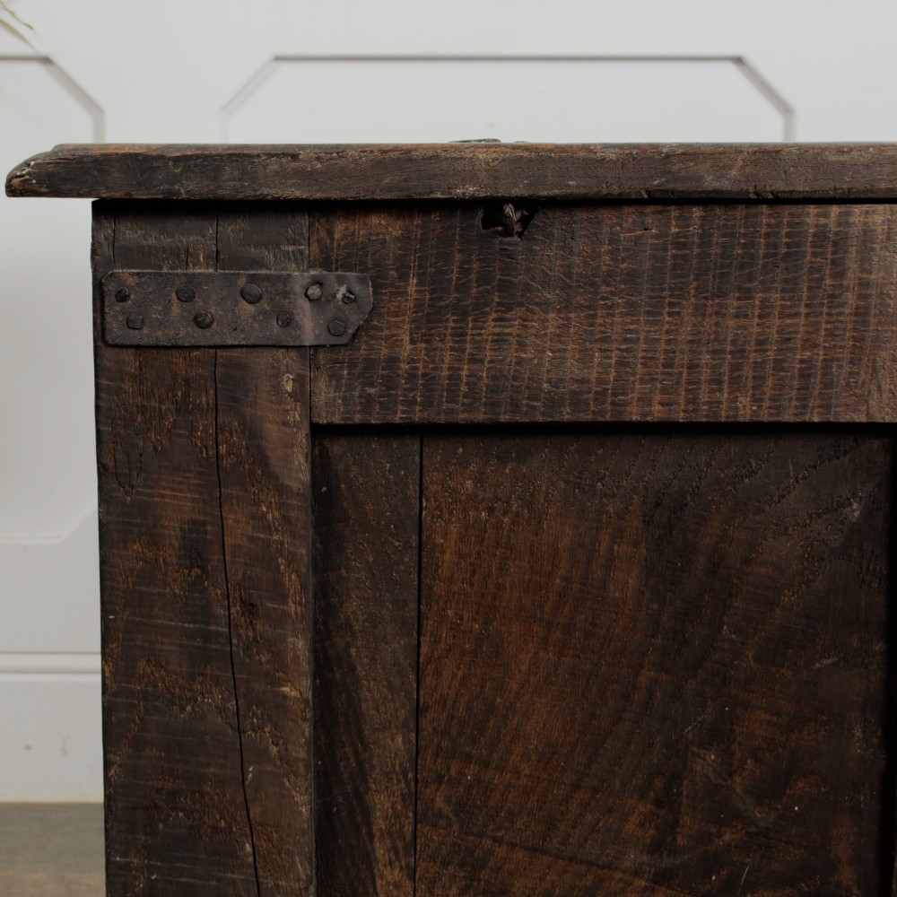 A dark oak panelled chest featuring detailed floral and foliage relief carvings, a central panel inscribed TS 1690, and an iron lockplate. View XIV