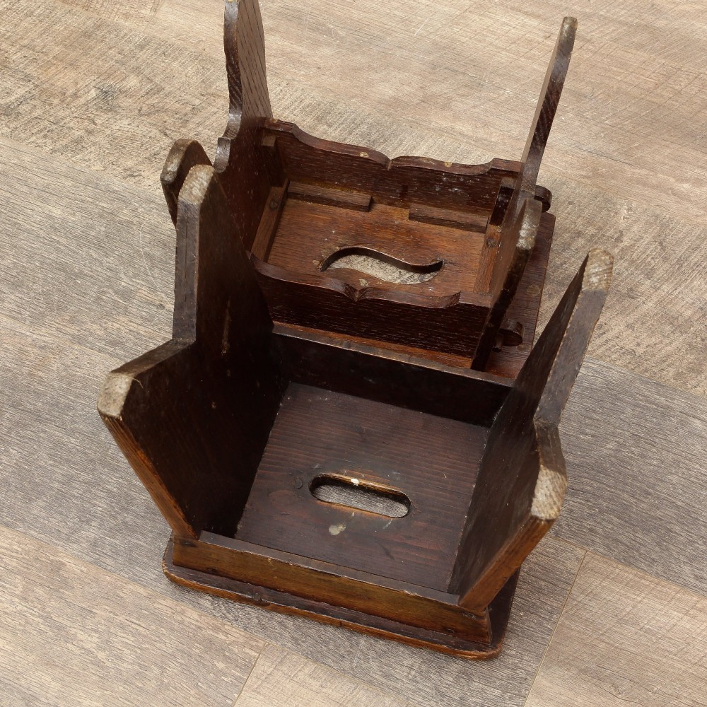 A pair of small 19th-century wooden country stools constructed from dark oak and pine with cut-out trestle legs. View XI