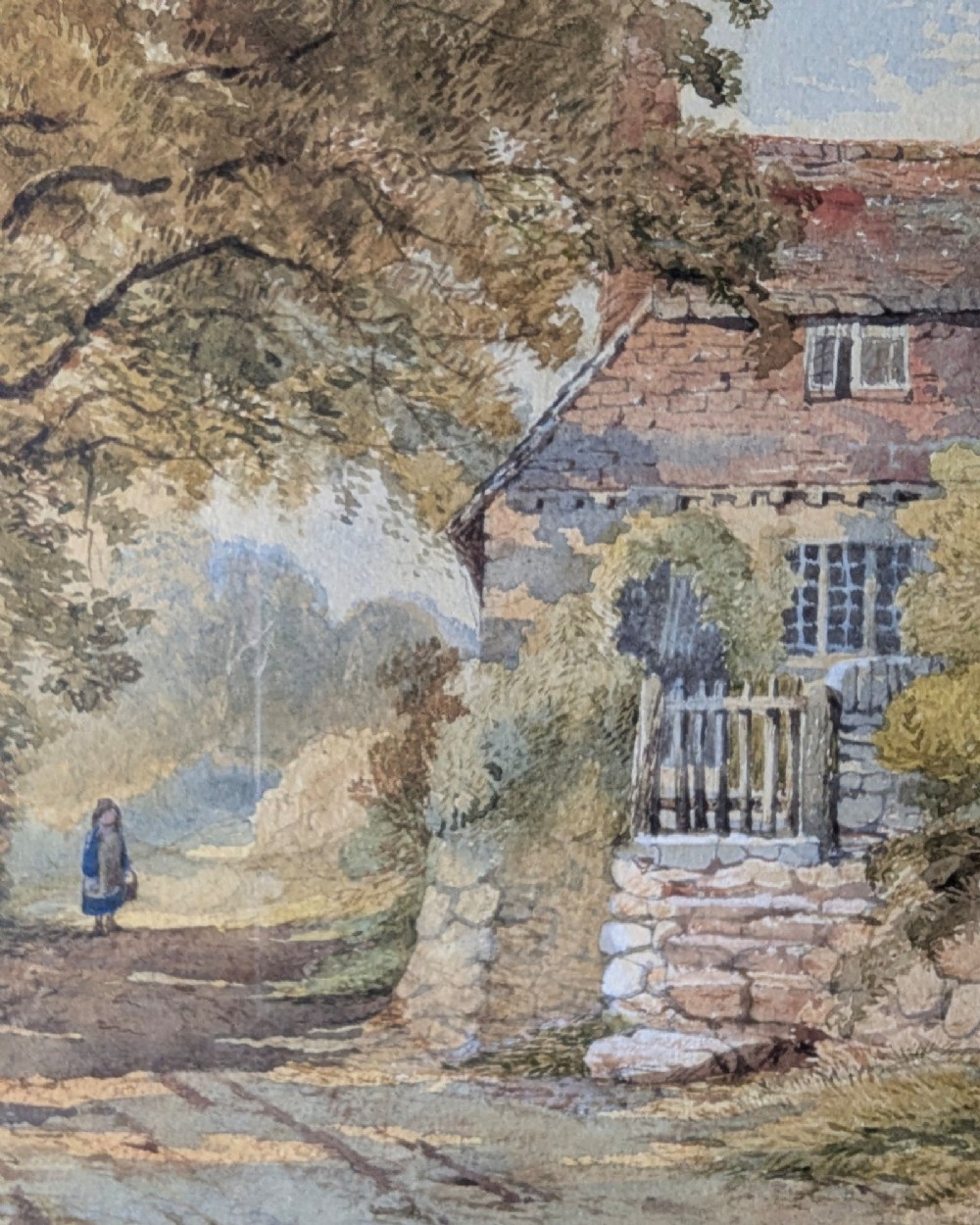 Pair of 1879 Victorian watercolour paintings depicting rural English cottage landscapes, presented in dark green mounts and light wood frames. View VI