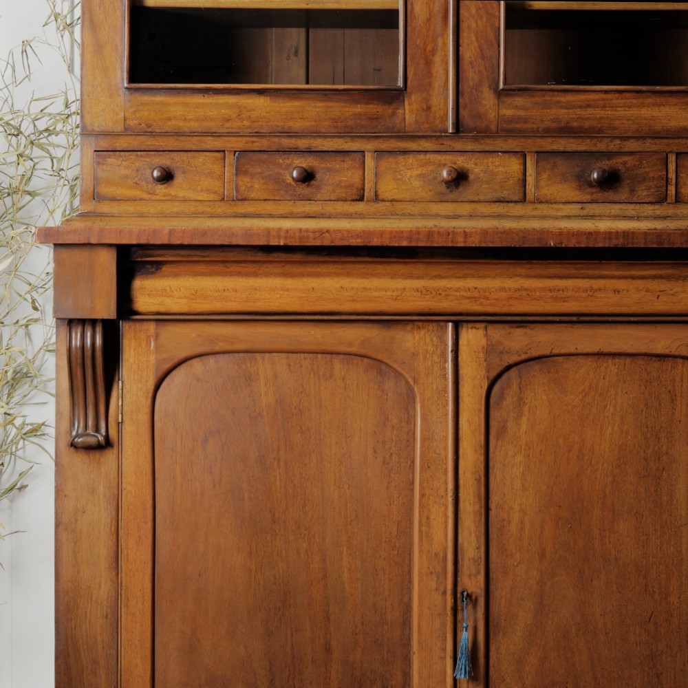 A two-tier Victorian mahogany chiffonier bookcase with arched glass double doors on the upper section and panelled cupboard doors on the lower base. View X