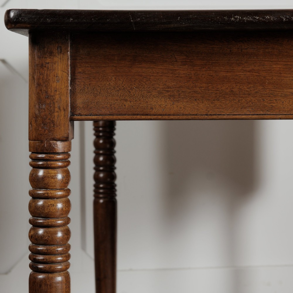 A Victorian mahogany drop-leaf table featuring a single hinged flap, turned legs, and small wheel castors. View VIII