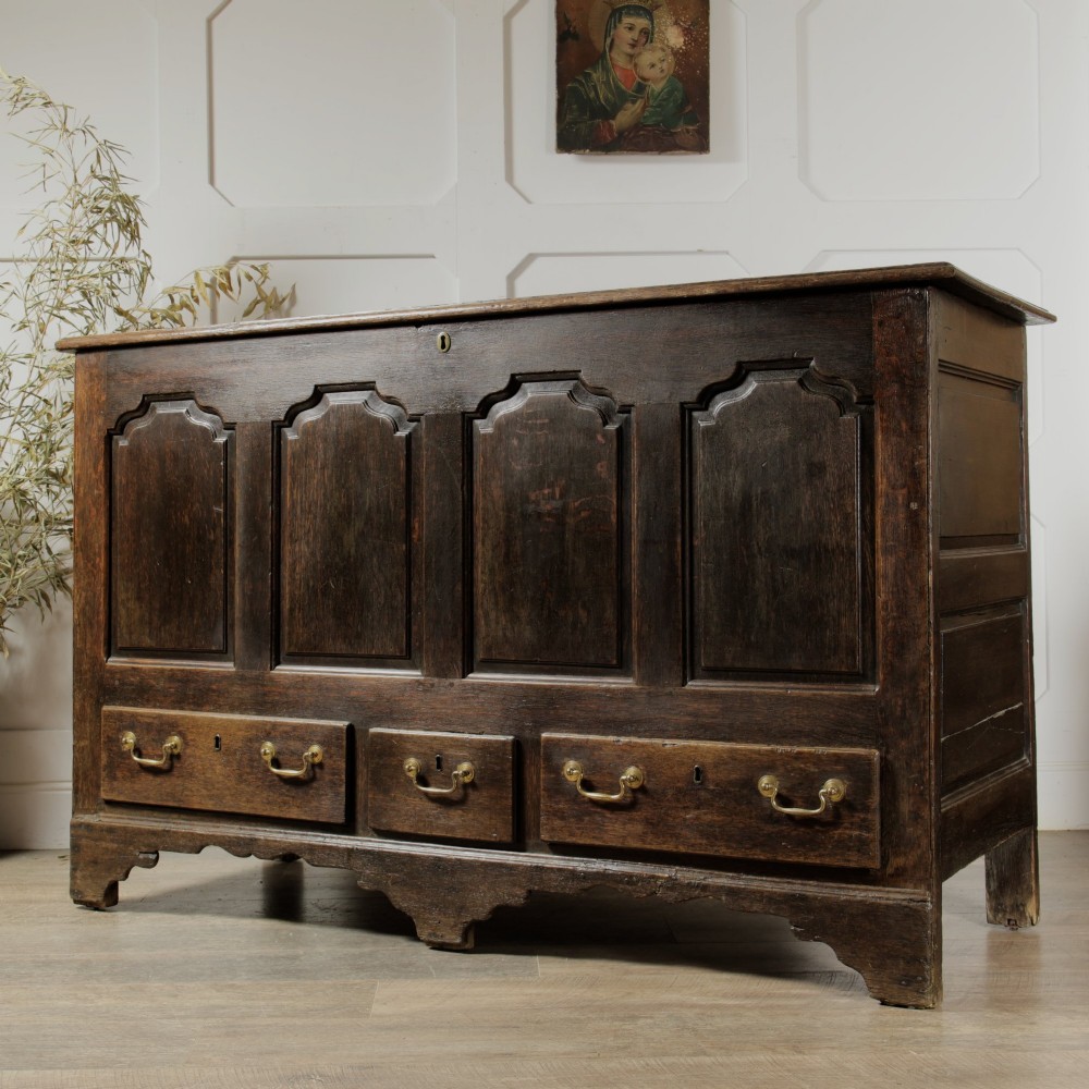A large 18th-century dark oak mule chest featuring four arched fielded panels, three bottom drawers with brass drop handles, and a shaped apron.