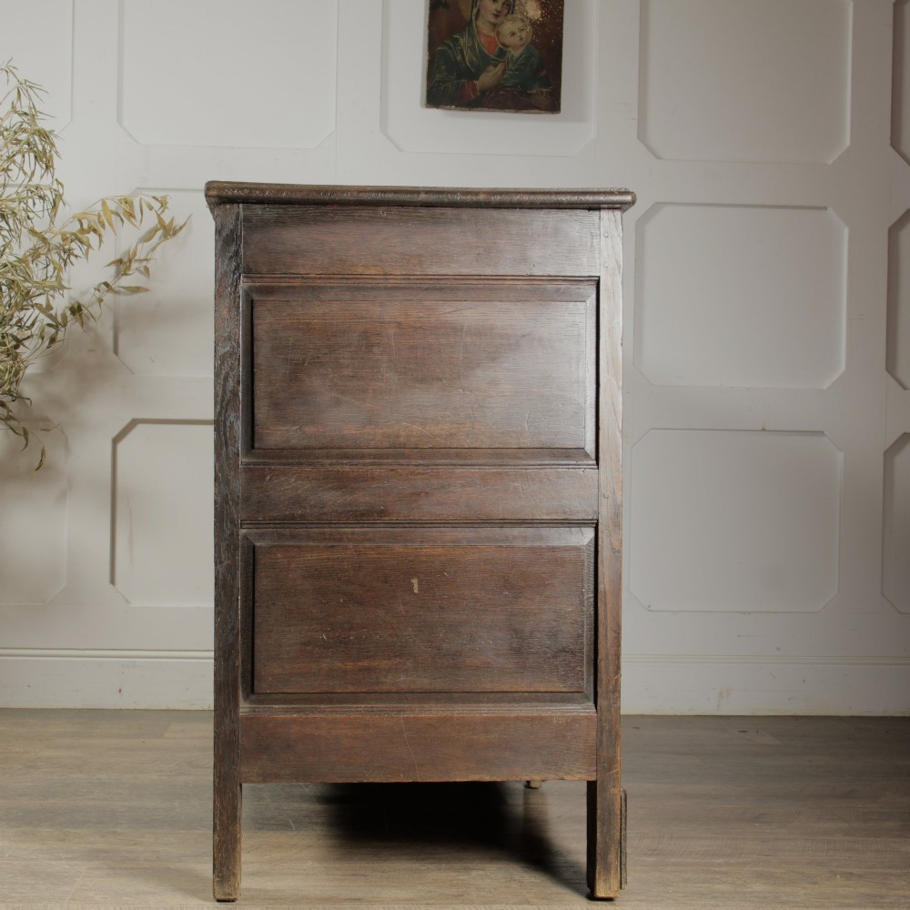 A large 18th-century dark oak mule chest featuring four arched fielded panels, three bottom drawers with brass drop handles, and a shaped apron. View III