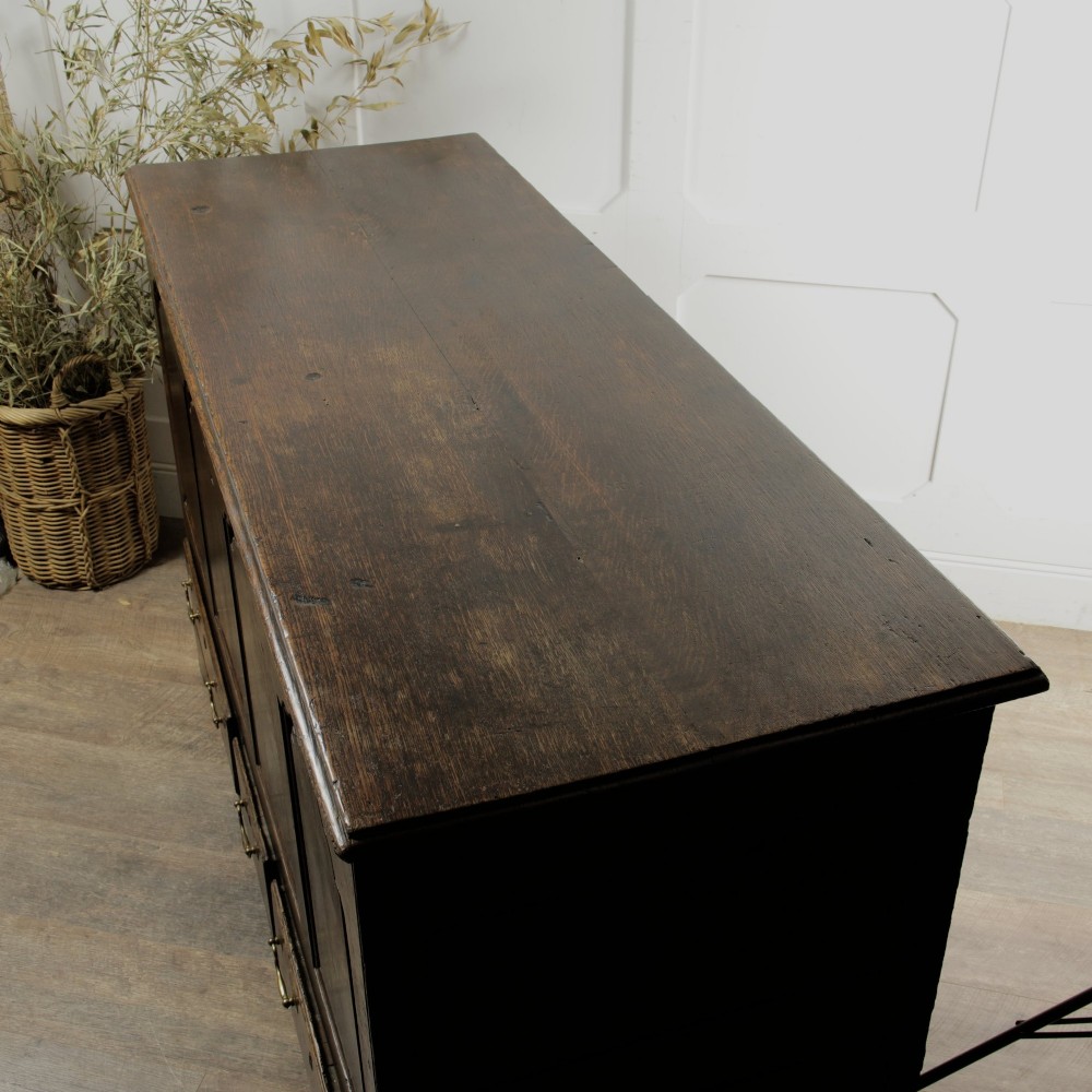 A large 18th-century dark oak mule chest featuring four arched fielded panels, three bottom drawers with brass drop handles, and a shaped apron. View VII