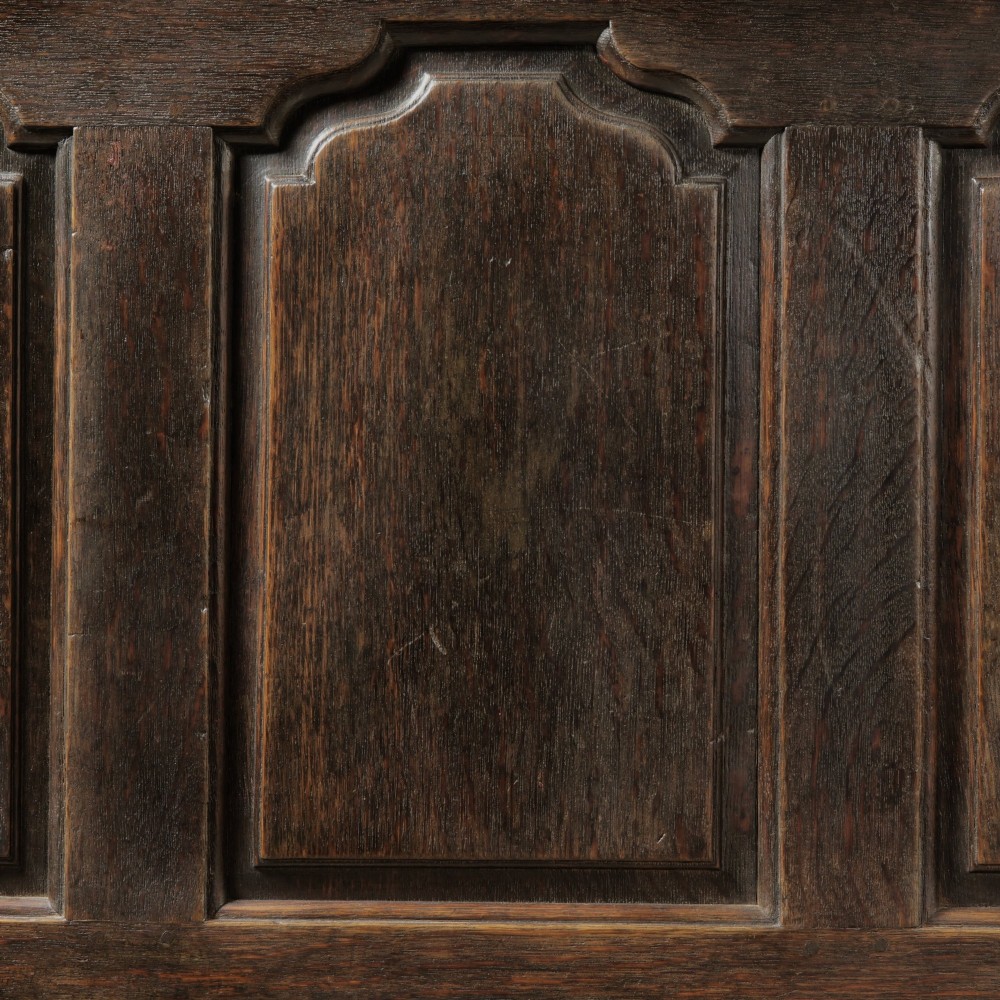 A large 18th-century dark oak mule chest featuring four arched fielded panels, three bottom drawers with brass drop handles, and a shaped apron. View VIII