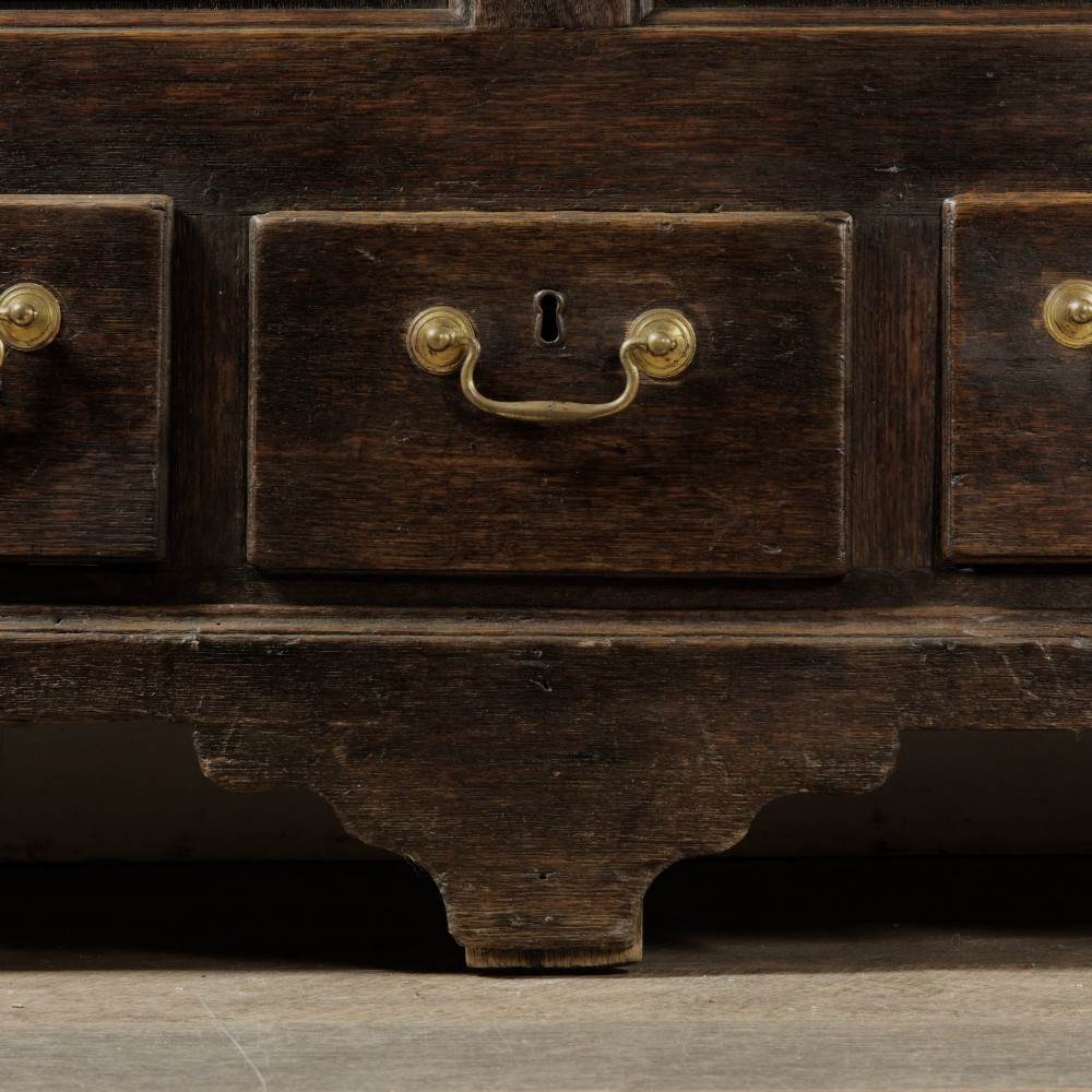 A large 18th-century dark oak mule chest featuring four arched fielded panels, three bottom drawers with brass drop handles, and a shaped apron. View IX
