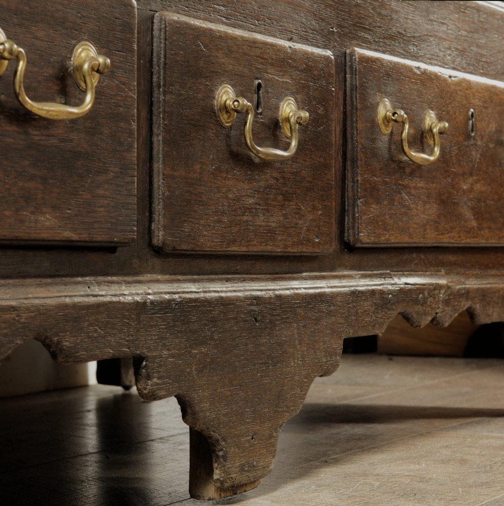 A large 18th-century dark oak mule chest featuring four arched fielded panels, three bottom drawers with brass drop handles, and a shaped apron. View X
