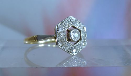 antique art deco 18 ct yellow gold platinum diamond ring - CATEGORY: ANTIQUE JEWELLERY - DATED 1920