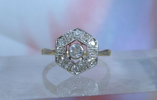 ANTIQUE ART DECO 18 CT YELLOW GOLD PLATINUM DIAMOND RING - ADDITIONAL PHOTO 1