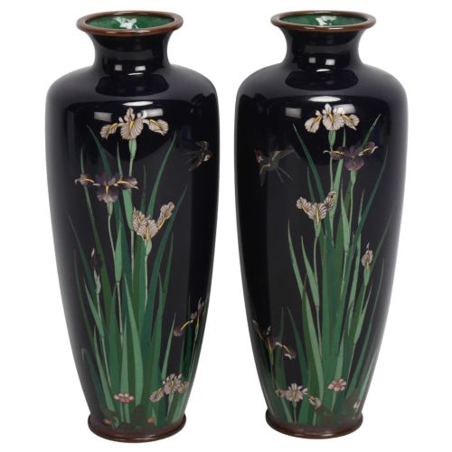 PAIR JAPANESE MEIJI PERIOD SILVER WIRE CLOISONNE VASES