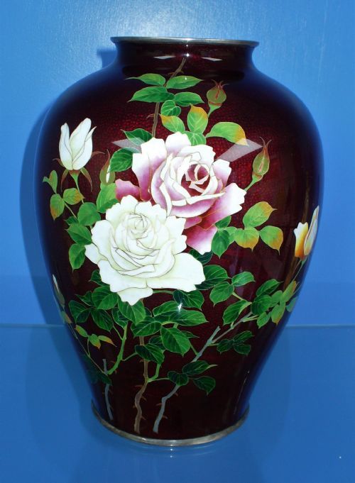 LARGE JAPANESE CLOISONNE ENAMEL SILVER WIRE VASE