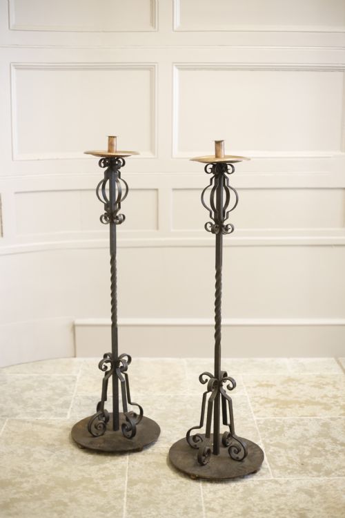 Pair of Iron and Copper Arts and Crafts Candlesticks