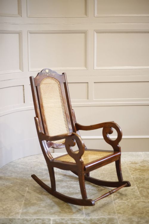 Early 20th Century Indian Rattan and Teak Rocking Chair