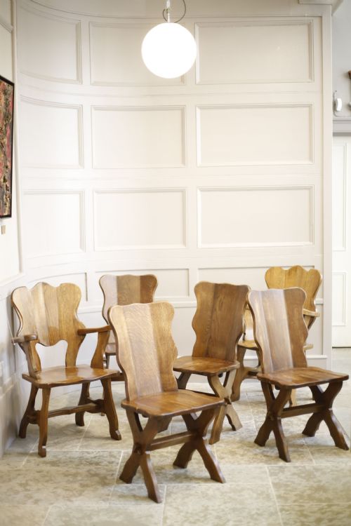 Set of 6 1940'S Oak French Brutalist Dining Chairs
