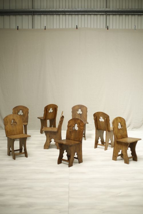 8x Early 20th Century Elm Gothic Dining Chairs