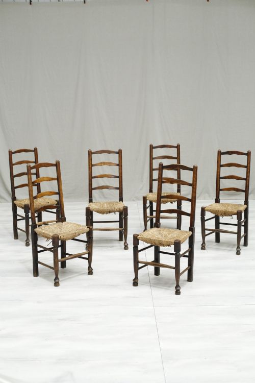 6x Antique Farmhouse Rush Seated Dining Chairs