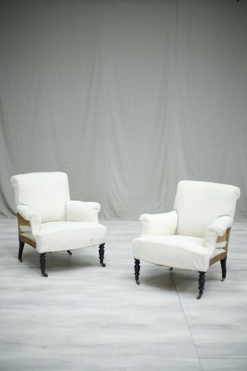Pair of Napoleon III French Scroll Back Armchairs