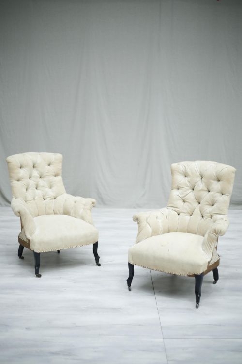 Pair of Napoleon III French High Buttoned Back Armchairs