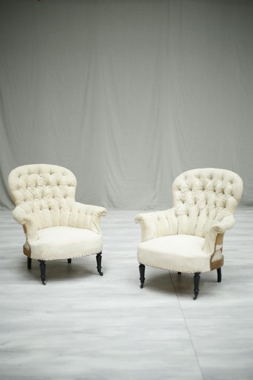 Pair of Napoleon III French Buttoned Spoon Back Armchairs