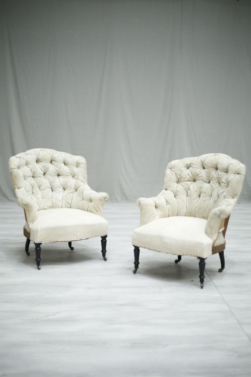 Pair of Antique Napoleon III Buttoned Shield Back Armchairs
