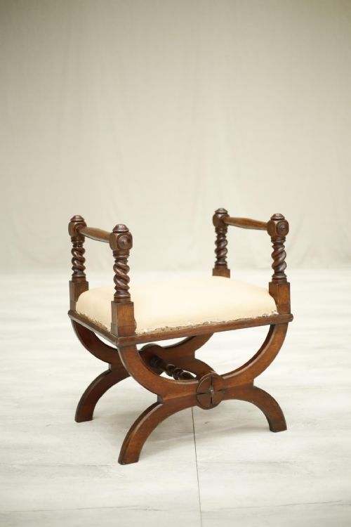 19th Century Antique X Frame Mahogany Armed Stool