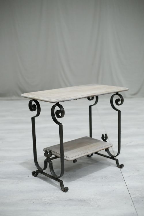 Antique Early 20th Century Iron and Bleached Wood Side Table