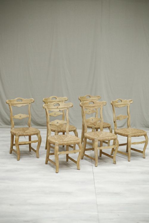 Set of 6 Antique Spanish Rush Seated and Painted Dining Chairs