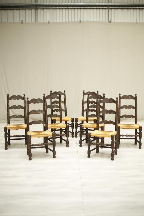 8 20th Century Painted Rush Seated Dining Chairs