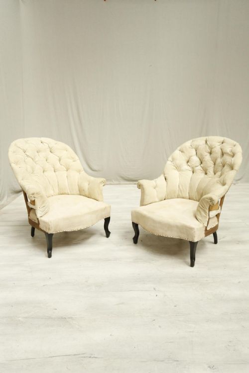 Pair Napoleon III Curved Buttoned Back Armchairs