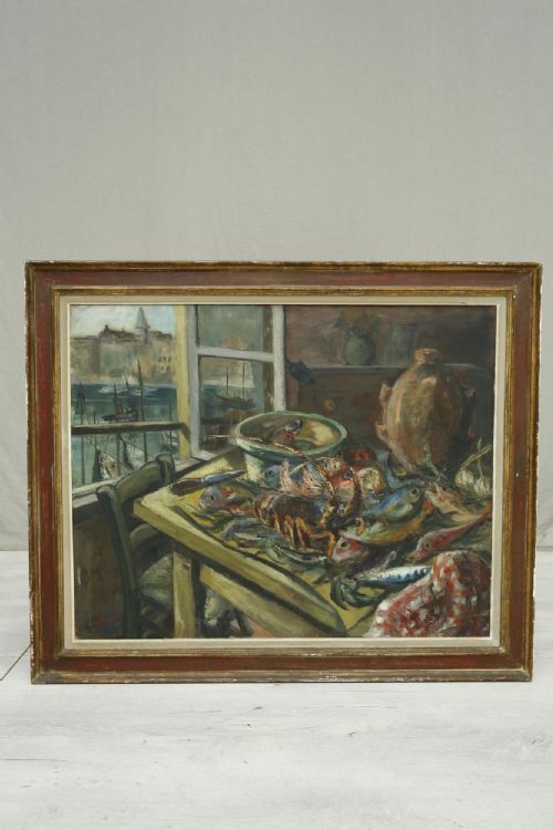 Large 20th Century Painting of Seafood on a Table