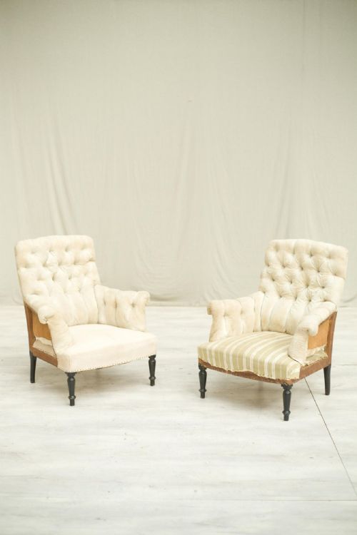 Pair Napoleon III Buttoned Square Back Armchairs