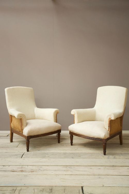 Pair of Square Back Armchairs with Carved Frame