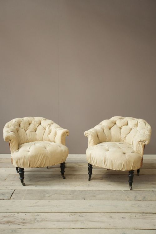 Pair of French Buttoned Tub Chairs