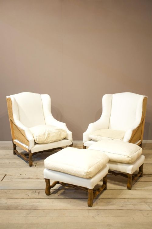 20th Century Os De Mouton Armchairs with Stools