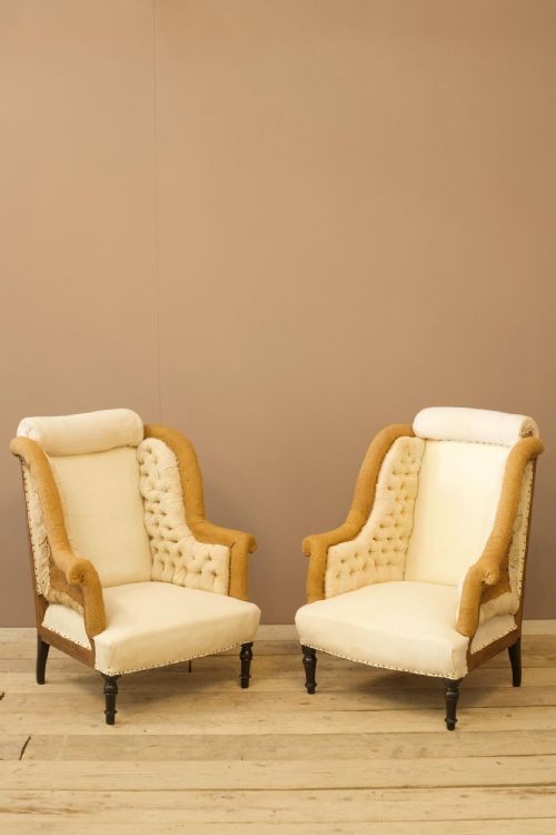 Pair of Napoleon III Buttoned Wingback Armchairs