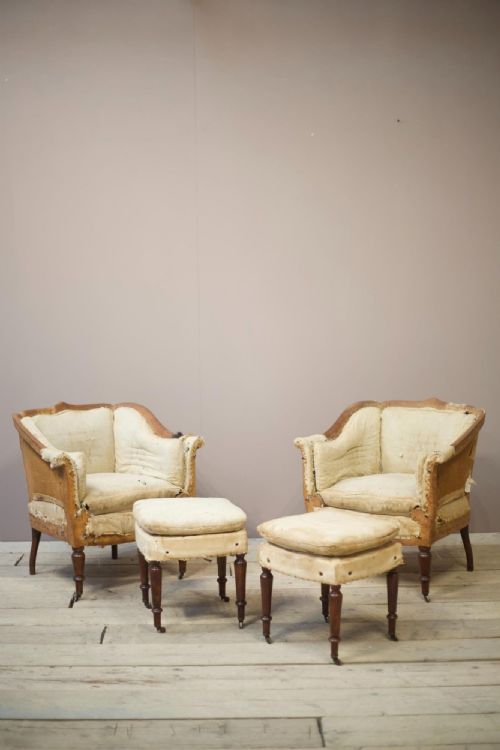 19th Century French Armchairs with Matching Stools