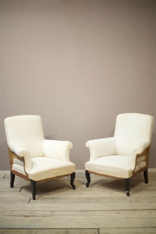 Pair of Napoleon III Square Backed Armchairs with Cabriole Legs