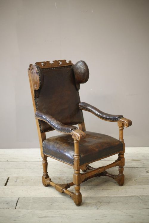 18th Century Elm and Leather Wingback Armchair