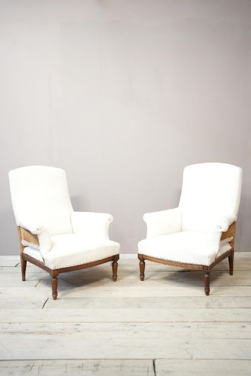 Pair of 19th Century Square Back Armchairs with Carved Frame