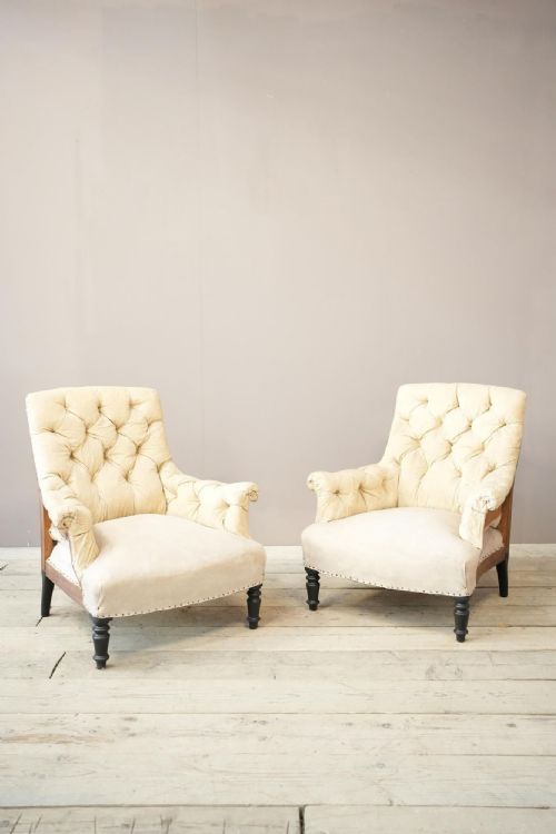 Pair of Napoleon III Buttoned Square Back Armchairs