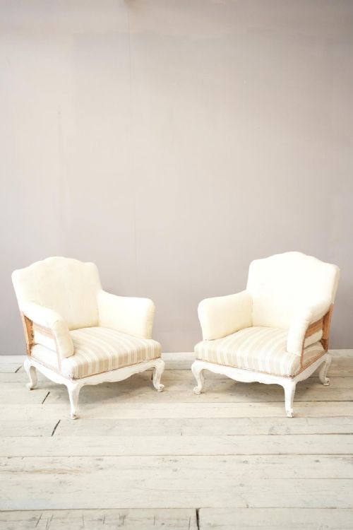 Pair of Large French Shield Back Armchairs with Painted Frame