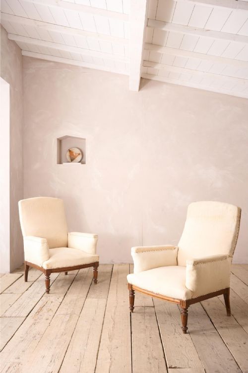 Pair of Unusual French Square Back Armchairs with Carved Frames