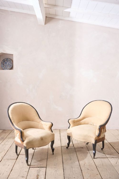 Pair of Small Napoleon III Tub Chairs with Ebonised Frame
